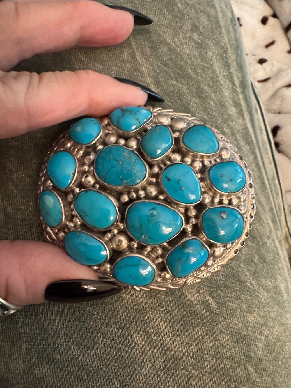 Kingman Turquoise Stone Cluster Women's Belt Buckle - Blue 925 Silver Accent